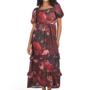 NWT US TOGETHER Floral Short Sleeve Removable Belt Ruffle Smocked Maxi Dress